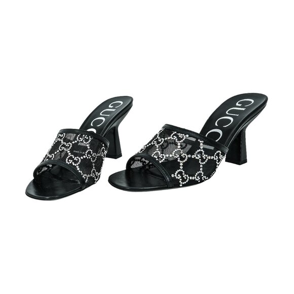 Gucci Crystal GG Mesh Mid Heel Sandals - Picture 2 of 8